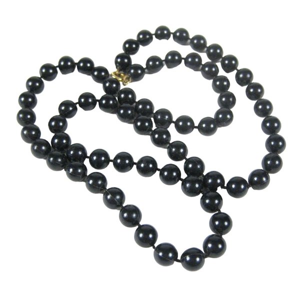Black Plastic Beaded Necklace 25 inch Goldtone Strand Jewelry Retro - Picture 1 of 4